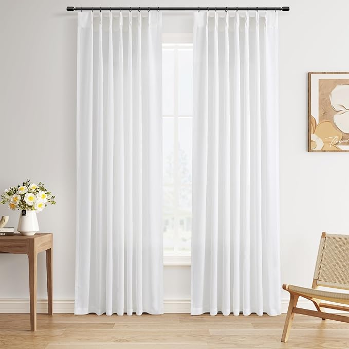 Guken Snow White Pinch Pleated Linen Curtains 84 Inch Length 2 Panels for Living Room Bedroom Elegant Modern Farmhouse Window Privacy Curtain Light Filtering Semi Sheer Back Tab Draps with Hooks 40x84