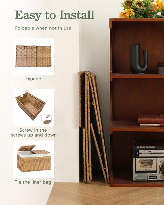 SETVSON Storage Basket with Lid Rattan Woven Storage Baskets with 2 Separate Lids, 17.2 Gallon (65 L), 22 x 13 x 13.8 Inches,Foldable, 2 Removable Liner Bags Handles for Bedroom, Laundry Room Natural