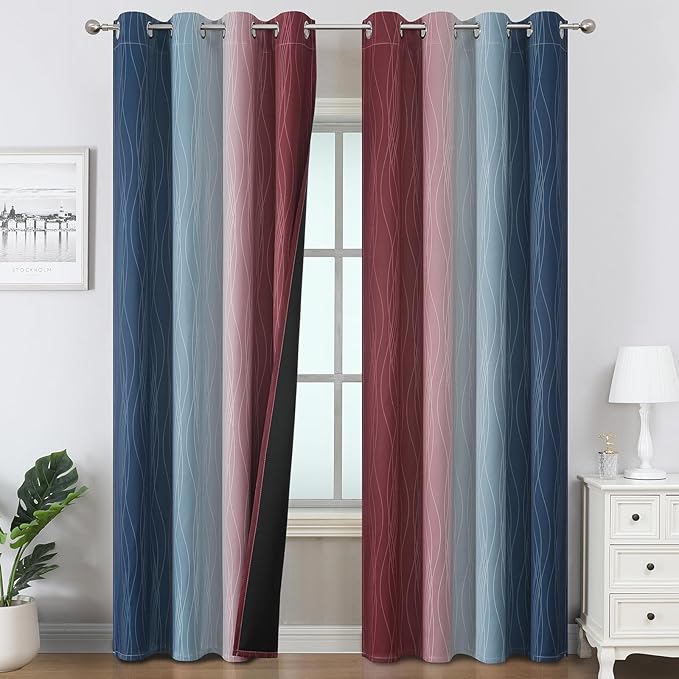 Estelar Textiler Navy Blue and Burgundy Red Ombre Blackout Curtains & Drapes for Living Room, Thermal Insulated Grommet Energy Saving Window Gradient Curtains for Bedroom, 52Wx108L, 2 Panels