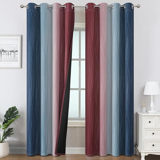 Estelar Textiler Navy Blue and Burgundy Red Ombre Blackout Curtains & Drapes for Living Room, Thermal Insulated Grommet Energy Saving Window Gradient Curtains for Bedroom, 52Wx108L, 2 Panels