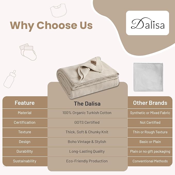 Dalisa 100% Organic Turkish Cotton Throw Blanket - GOTS Certified, Cozy - Perfect for Couch, Bed, and Home Decor - Boho Vintage Knit Alina (Earth Ivory, 80x90)