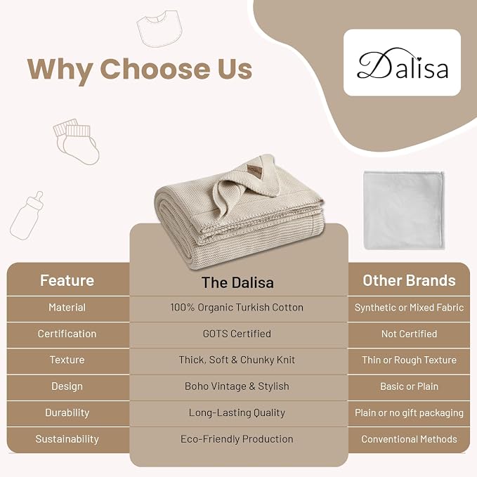 Dalisa 100% Organic Turkish Cotton Throw Blanket 50x60 Inches Earth Ivory– GOTS Certified, Cozy, with Recycled Gift Box – Perfect for Couch, Bed, and Home Decor – Boho Vintage Knit Alina