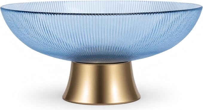 Round Glass Decorative Bowl (Blue), 9.8 Inches Handblown Striped Design Glass Bowl with Rust Resistant Metal Base,Decor Fruit Bowl for Home Decor,Table Centerpiece,Kitchen Island and Dining Decor