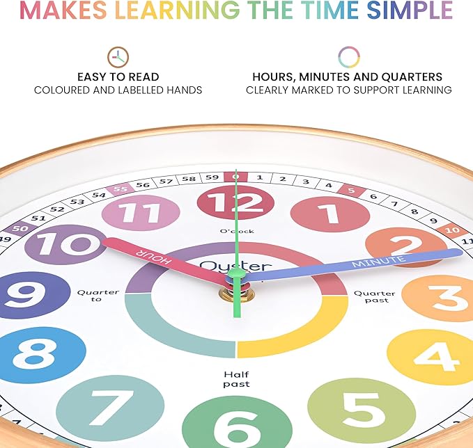 Oyster&Pop Pastel Kids Learning Clock – Award-Winning 10" Silent Non-Ticking Analog Wall Clock for Classroom & Kids Bedroom – Cute Colorful Decor & Educational Tool – Includes Teaching Time E-Book