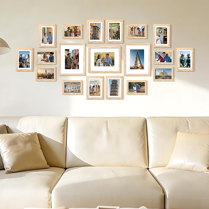 upsimples 19 Pack Picture Frames Collage Wall Decor for Mounting or Tabletop Display, Photo Gallery Frame Set for Family, Multi Sizes Including 8x10, 5x7, 4x6, Natural