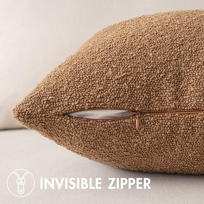 MIULEE 24x24 Inch Decorative Euro Sham Pillow Covers for Couch Bed Set of 2 Textured Boucle Neutral Throw Pillow Covers Brown Tobacco Accent Solid Pillowcases Sofa Living Room Home Decor