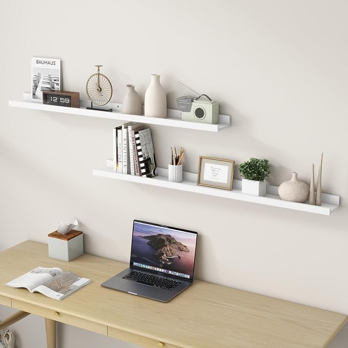 FLYJOE Picture Ledge Shelf, Floating Shelves Set of 2, Solid Ash Wood 48'' Long Large Nursery Book Shelves for Toys Storage, Kids Bookshelf for Living Room Bedroom Decor Books Photo Frames, White
