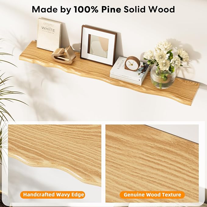 Floating Shelves for Wall Rustic Farmhouse 48 Inch Floating Shelf Bathroom Wooden Shelves for Wall Mounted Live Edge Pine Shelf with Unique Natural Grain for Living Room Bedroom Kitchen (Natural)