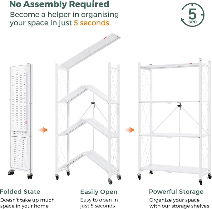 DEANIC 4 Tier Foldable Storage Shelves with Wheels, Large Capacity Shelving Unit, Freestanding Metal Wire Shelf Rack, No Assembly Organizer Rack for Garage Kitchen, Basement, Pantry(White Pack of 2)