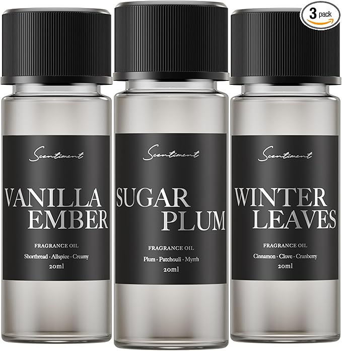 Scentiment Discovery Set – Vanilla Ember, Sugar Plum & Winter Leaves | Warm Sweet Spiced Fragrance Oils | Cozy Home Scent Sampler for Cold Air Diffusers (3 x 20 mL)