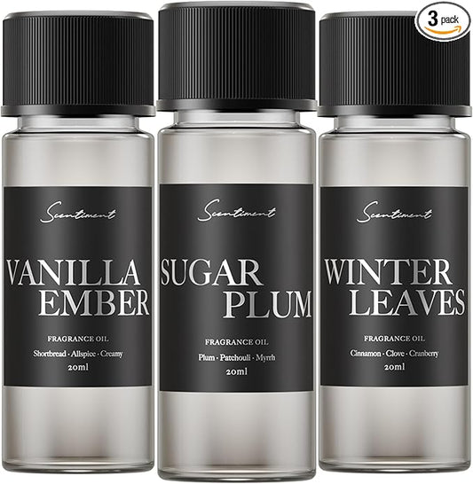 Scentiment Discovery Set – Vanilla Ember, Sugar Plum & Winter Leaves | Warm Sweet Spiced Fragrance Oils | Cozy Home Scent Sampler for Cold Air Diffusers (3 x 20 mL)