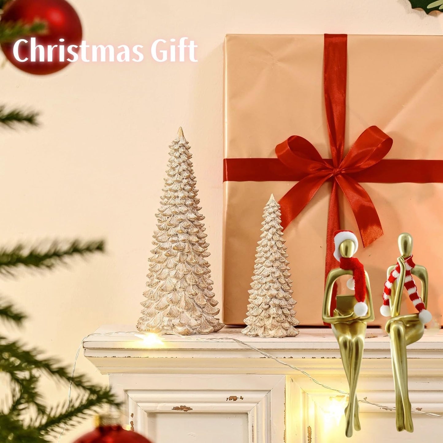 Christmas Gold Home Decor Thinker Statue Accents, 2025 Xmas Thinker Sculptures Office Decor Modern Abstract Decoration on Shelf Table Desk for Living Room Office Bedroom Comes with Christmas Hats