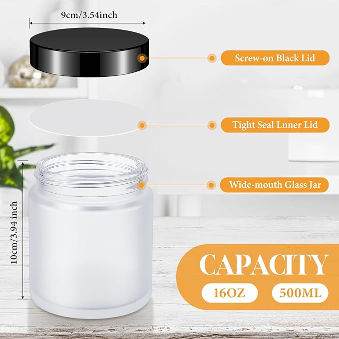 Norme 24 Pieces 16 oz Glass Jars with Lids Empty Storage Containers Leakproof Round Cosmetic Jars for Storing Lotions Powder Ointments Making (Frosted White)