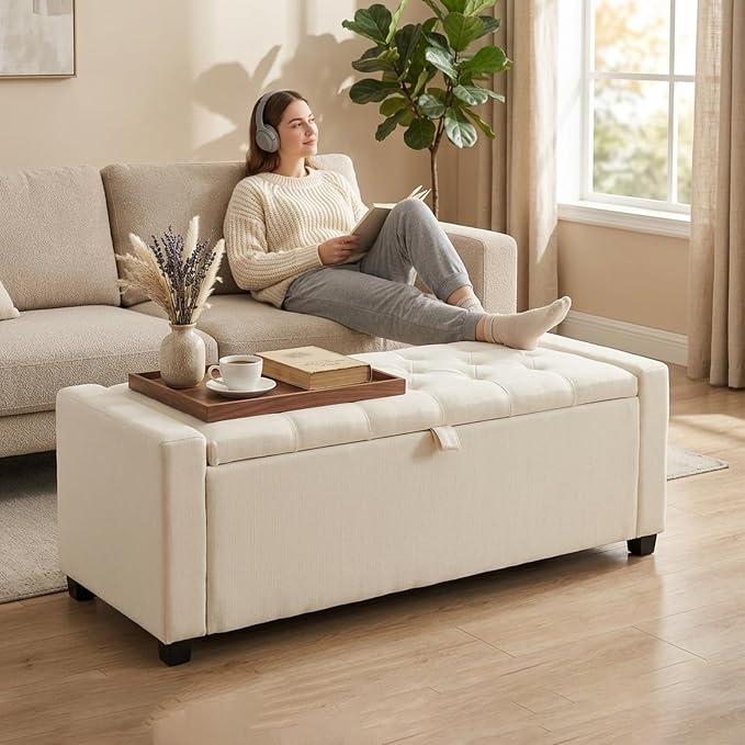 47" Beige Storage Ottoman, Multi-Functional Shoe Bench Seat for Living | Versatile design works as a coffee table or footstool; easy assembly, sturdy structure, and comfortable padded cushion.