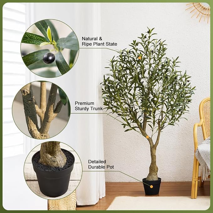 Artificial Olive Tree 5FT Fake Plants Indoor - UV Resistant Faux Olive Tree in Black Pot, Outdoor Tall Faux Silk Tree - Fake Trees for Modern Home Decor,Living Room, Office, Patio, Balcony, VN154