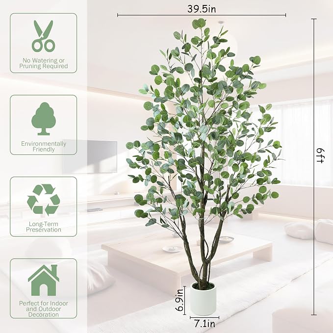 Caxchiling Artificial Eucalyptus Tree 6FT, Indoor Outdoor Faux Tree | Natural Trunk with White Planter for Home Office Living Room Front Door Decor