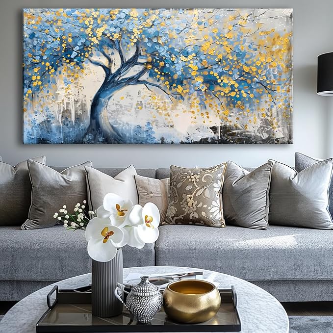 Wall Art Tree of blue Life Abstract Canvas Painting Textured Picture, Modern Landscape Artwork Framed for Living Room Bedroom Bathroom Office Home Decor 40x20in