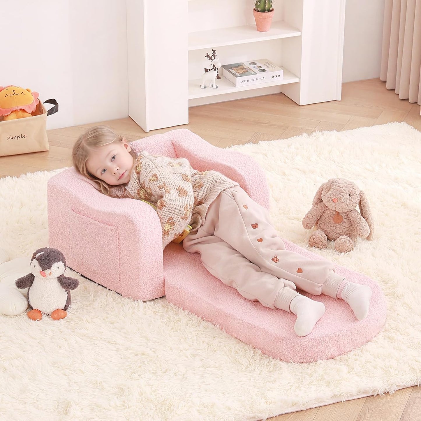 Welnow 2-in-1 Kids Sofa Chair, Convertible Toddler Chair Flip Out Children Sofa Chair with Wave Armrests Folding Kids Play Sofa with Side Pockets & Removable Cover Armchair for Girl or Boy