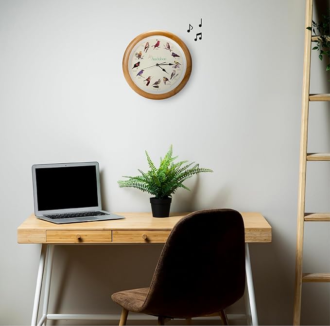 Mark Feldstein, Audubon Singing Bird Wall Clock, 13 Inch, Premium Oak