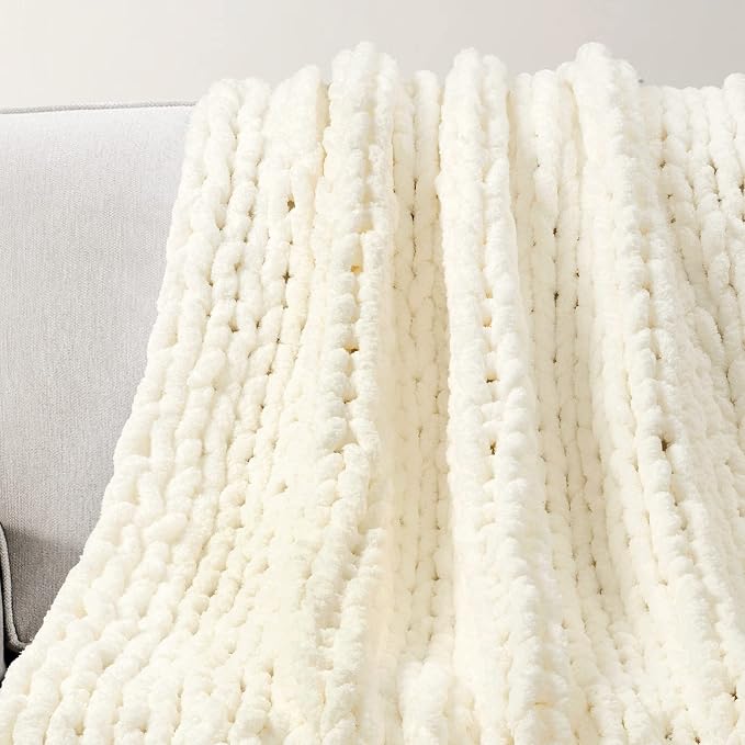 Lush Decor Hygge Ultra Soft Cozy Chenille Chunky Knit Throw Blanket Single 40" W x 50" L Ivory - Cream Throw Blankets for Bed - Cozy Couch Blanket