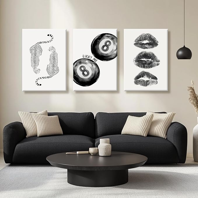 Trendy Leopard Wall Art Cheetah Canvas Prints Black 8 Ball Wall Decor Preppy Aesthetic Poster Lucky Leopard Pictures Funky Painting Retro Kiss Artwork for Bedroom Living Room 16x24 Inch Ready to Hang