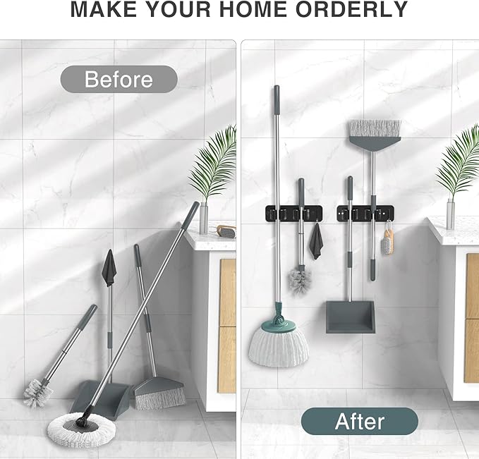 homeasy Wall Mount Mop and Broom Holder, Heavy Duty Stainless Steel Organizer Rack with Hooks | 2-Pack, 2-in-1 No Drill & Screw Installation, Black