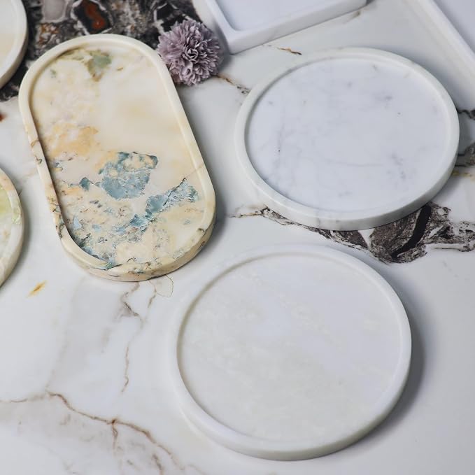 Natural Marble Tray | 8.3" Round Decorative Serving Tray for Bathroom Vanity, Jewelry & Perfume Display | Kitchen Counter & Coffee Table Decor-White Jade