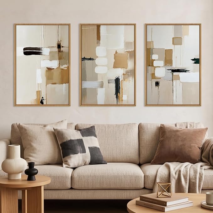 Large Abstract Beige Framed Canvas Wall Art Set, Neutral Textures Wall Decor, Warm Minimalist Shapes Wall Painting, Modern Neutral Art Prints for Living Room, Bedroom, Office - 24"X36"X3