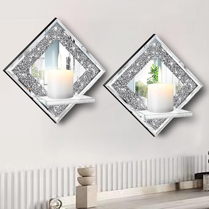 ZOLAPI Crystal Crush Diamond Wall Candle Holder Set of 2, Diamond Silver Mirrored Candle Sconces, Home Wall Decoration for Living Room, Dining Room & Bedroom.
