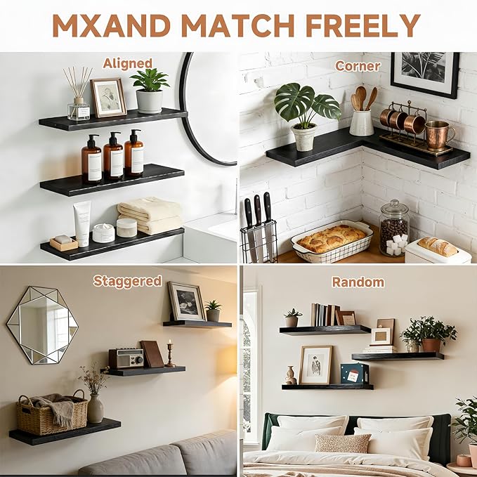 LifetimeWarranty Easy Install Floating Shelves,15.7" Wall Mounted Wooden Shelves, Small Wall Shelves for Storage&Wall Decor,Living Room,Kitchen,Office,Corner Shelf for Photo Book Plants,Set of 3 Black