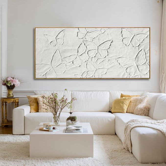 Hand-painted Butterfly Canvas Wall Art, 32x70 Inch White Abstract Framed Artwork for Living Room Decor