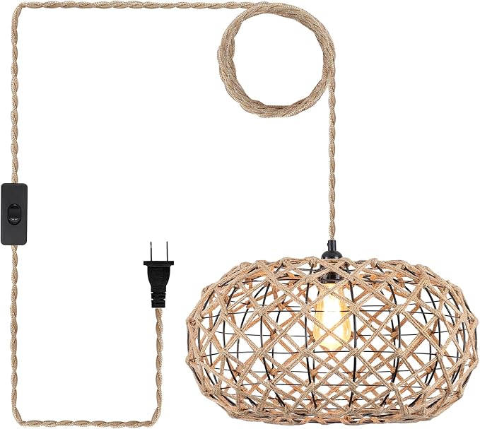 Coastal Large Woven Plug in Pendant Light with 14ft Handmade Woven Light Cord, Rustic Handmade Hemp Rope Hanging Lamp for Bedroom Kitchen Island Farmhouse Dining Room Living Room,17.8 inch Width