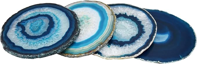 Nature's Decorations Teal Agate Stone Coasters - Set of 4, Polished Geode Drink Mats for Dining & Coffee Table & Kitchen Geode Decor Non-Toxic 4.5-5" Diameter