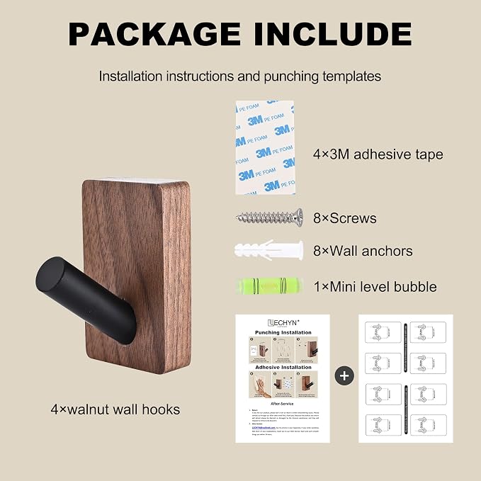 4 Pack Wooden Wall Hooks for Hanging, Adhesive Mounted & Wall Mount Boho Decorative Walnut Wood Coat Hooks for Towel Clothes Blanket Hat Backpack Robe Nursery Door Board Entryway Key Holder