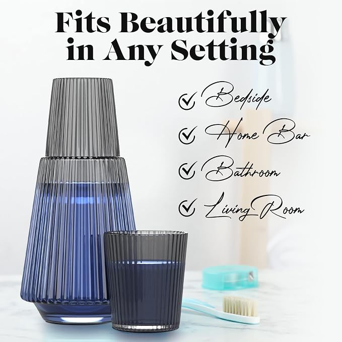 American Atelier 37 oz Vintage Bedside Water Carafe with Tumbler – 9.25" Ribbed Glass Pitcher with Cup Lid for Bedroom, Guest Room, Office, Vanity, Decorative & Practical Drinkware (Gray)