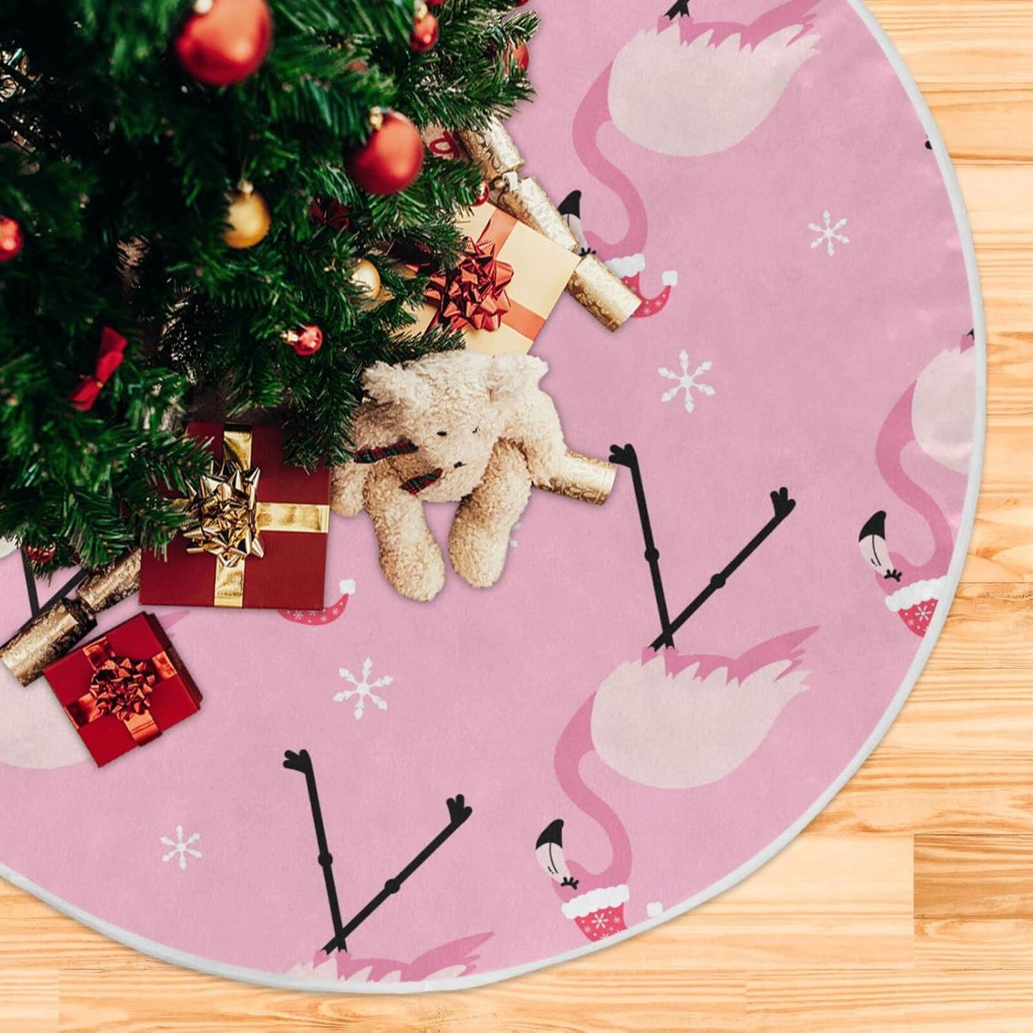 Christmas Pink Flamingo Tree Skirt, Seasonal Tree Mat Holiday Party Supplies Ornaments Indoor Outdoor Decorations for Tabletop Trees 47.2 Inches