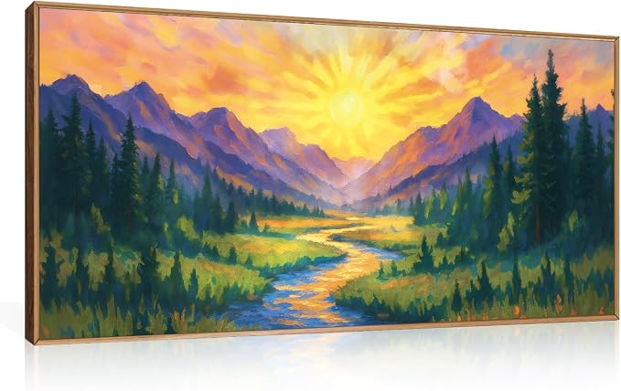 HPNIUB Boho Mountain Sunrise Framed Canvas Wall Art Set,Nature Colorful Wilderness Wall Decor,Abstract Landscape Art Print,Sunset Pine Tree River Artwork for Living Room, Bedroom,Dining Room,Office -20''x40''