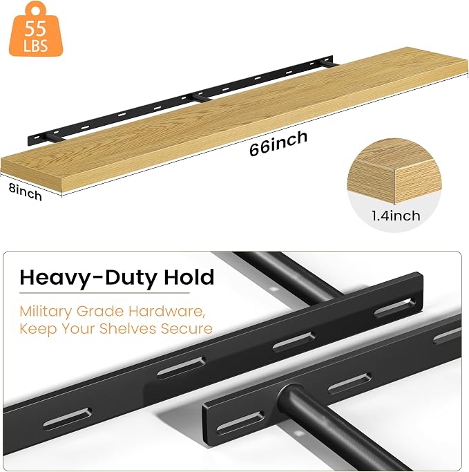 Fun Memories Floating Shelves for Wall, 66 Inch Long Set of 2 Rustic Wood Wall Shelves with Invisible Brackets, Heavy Duty Storage Display for Living Room Bedroom Kitchen, Oak