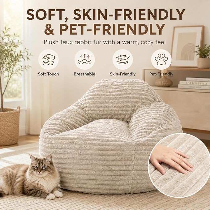 Simple Deluxe 3.25 ft Faux Fur Memory Foam Bean Bag Chair, Large Comfy Lazy Chair for Adult with Memory Foam Filled & Washable Cover, Perfect for Reading Gaming in Living Room Bedroom, Taupe