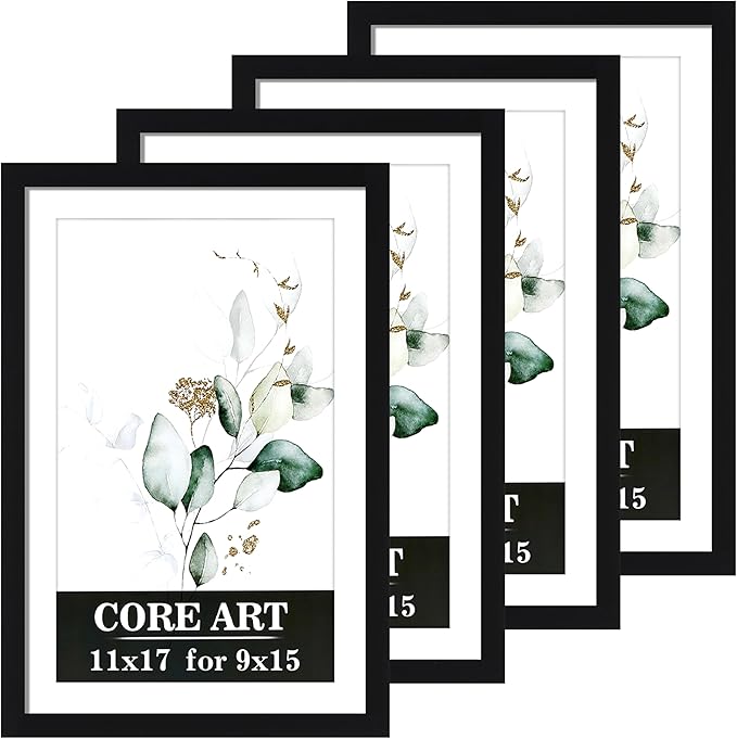 CORE ART 11x17 Picture Frame Set of 4, Display Pictures 9x15 with Mat or 11 x 17 without Mat, Multi Photo Frames Collage for Wall or Tabletop Display, Black