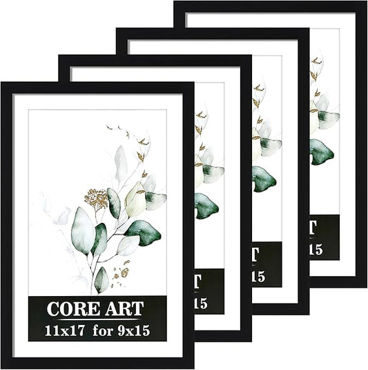 CORE ART 11x17 Picture Frame Set of 4, Display Pictures 9x15 with Mat or 11 x 17 without Mat, Multi Photo Frames Collage for Wall or Tabletop Display, Black