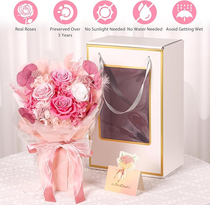 Flowers for Delivery Prime, 4 Pink Rose Preserved Flowers Bouquet Mothers Day Gifts for Mom, Birthday Gifts for Women Her Wife Girlfriend Grandma, Real Forever Flowers for Valentines Day Anniversary