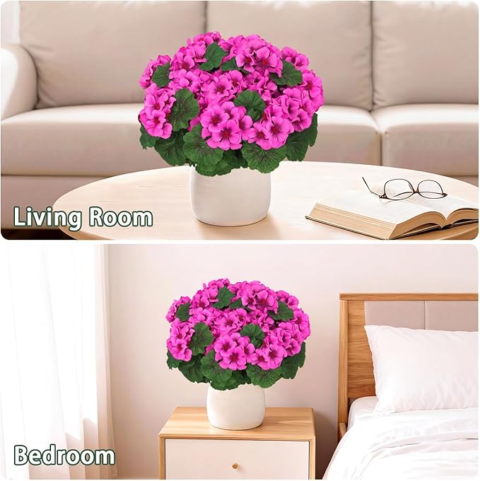 8 Pcs Artificial Geraniums Flowers for Outdoor Spring Summer Decor UV-Resistant & Realistic Silk Faux Plants for Garden Porch Patio Yard Balcony Home Kitchen Table Decoration, Rose Pink