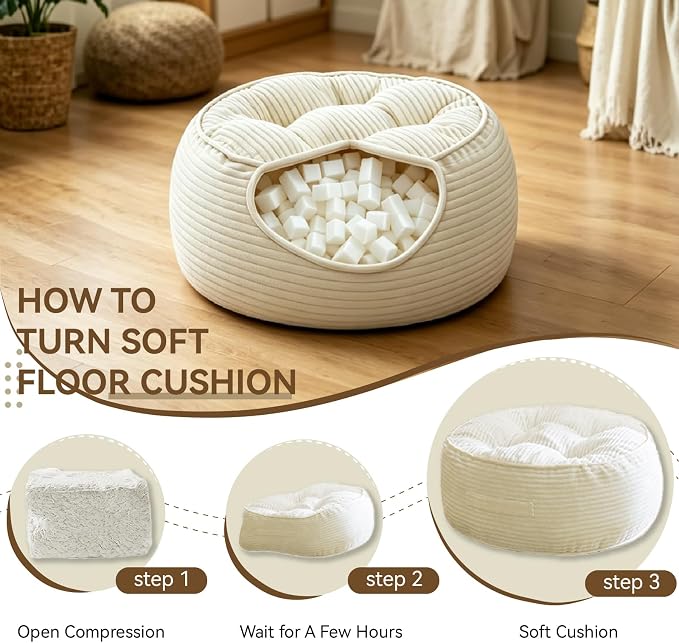 11" Washable Round Floor Pillow for Adults Thick Meditation Cushion for Sitting Large Yoga Pillows on Floor Ottoman to Elevate Leg for Tatami Living Room, 22x22 Inch, Cream