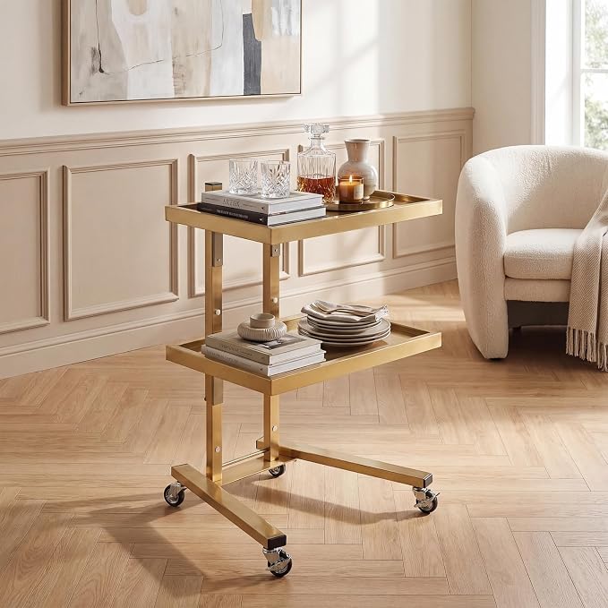 2-Tier Metal Rolling Cart – 34-Inch Folding Stainless Steel Salon Tray on Wheels, Utility Storage Trolley for Estheticians, Salon Studios and Shops, Dental Tools, Gold