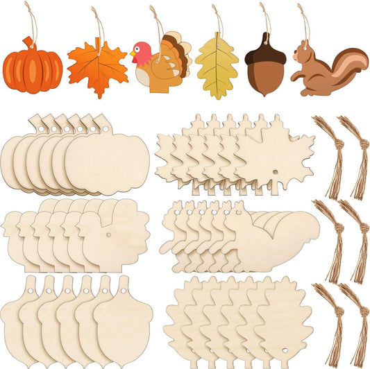 60 Pieces Fall Thanksgiving Unfinished Wooden Ornaments Maple Leaves Pumpkin Wood Cutout Squirrel Acorn Blank Wooden Ornament for Thanksgiving Party DIY Decor Supplies, 6 Styles