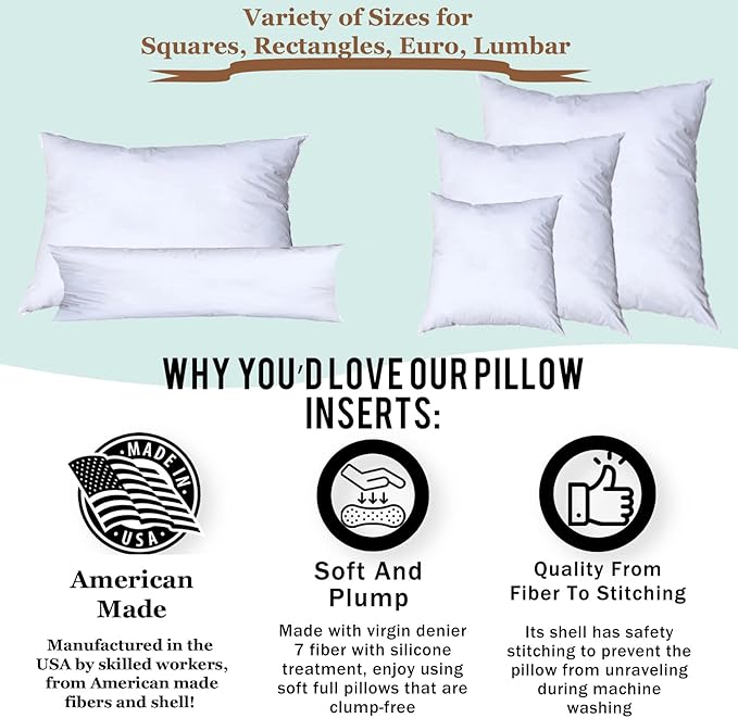 Pillowflex Premium Polyester Pillow Insert – 22x22 - Square Pillows Form, Machine Washable, Soft Sham Supports, Decorative Form for Covers and Throw Pillows, Hypoallergenic - Made in USA - 2 Pack