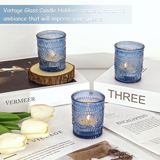24 Pcs Blue Glass Votive Candle Holders, Tealight Candle Holders for Table Centerpieces, Vintage Candle Holder Bulk, Boho Wedding, Home, Bridal Shower, Birthday Party Table Decor (Blue)