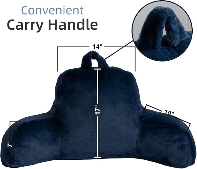 A Nice Night Faux Fur Reading Pillow Bed Wedge Large Adult Children Backrest with Arms Back Support for Sitting Up in Bed / Couch for Bedrest,Navy