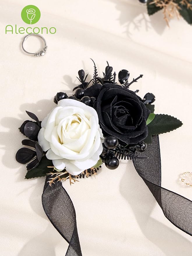 Alecono Black and White Corsage and Boutonniere Set, Corsages for Bride Bridesmaid Groom Bridegroom, Artificial Flowers for Prom Graduation Ceremony Anniversary